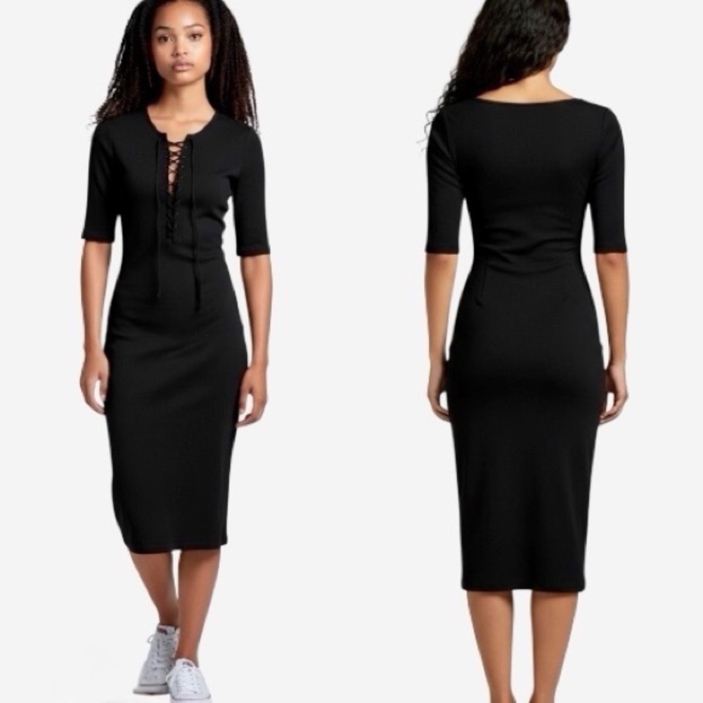 Derek Lam 10 Crosby Black Ribbed Knit Lace Up Bodycon Midi Sweater Dress Size 6